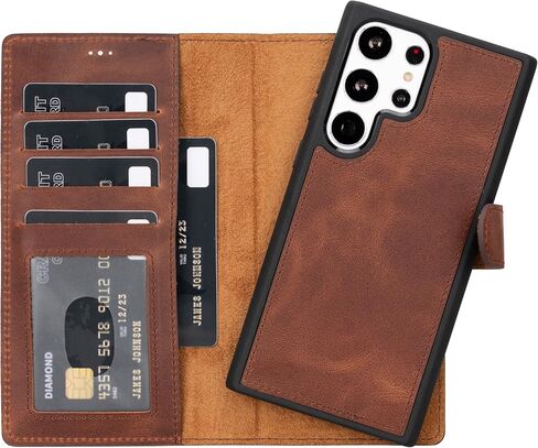 Genuine Premium Leather Wallet Case Compatible Galaxy S23 Ultra - Handmade - Detachable Strong Magnetic Flip Cover with Card Holders and Kickstand - Perfect Protection for All Edges (Brown) in Kuwait