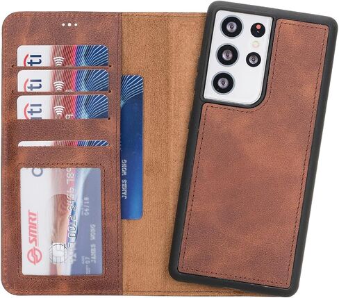 Genuine Premium Leather Wallet Case Compatible Galaxy S23 Ultra - Handmade - Detachable Strong Magnetic Flip Cover with Card Holders and Kickstand - Perfect Protection for All Edges (Brown) in Kuwait