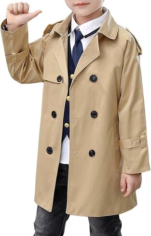 Betusline Boy's Trench Coat, Double Breasted Classic Belted Overcoat Outwear Dress Coats,1# khaki,9-10 Years = Tag 150 in Saudi Arabia