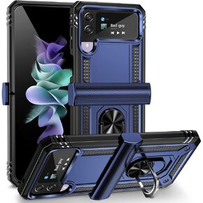Onola متوافق مع Samsung Galaxy Z Flip 4/3 Case مع حماية المفصلات و 360 درجة الدوران حلقة مغناطيسية كيكستاند حالة الحماية الثقيلة لجهاز Galaxy Z Flip 3/4 (الأزرق)