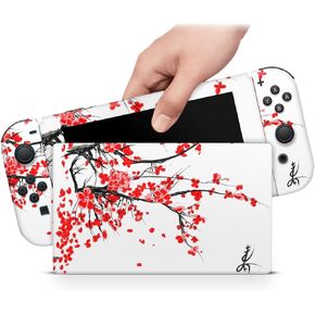 ZOOMHITSKINS OLED Switch Skin, Compatible with Switch OLED Skin Wrap, Asia White Red Chinese Flowers Cherry Blossom Floral Botanic Leave, 3M Vinyl for Durable & Fit, Made in The USA