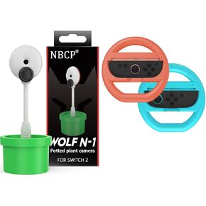 Switch 2 Multiplayer Racing & Streaming Bundle – 720P Webcam + 2-Pack Racing Steering Wheels (Red & Blue)
