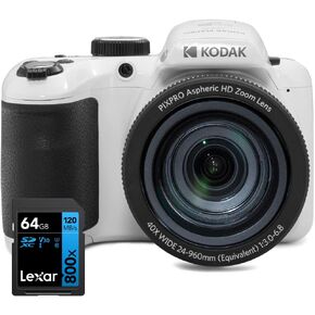 Kodak AZ405WH PIXPRO Astro Zoom 20MP Digital Camera 40X Optical Zoom 24mm White Bundle with Lexar 64GB High-Performance 800x UHS-I SDHC Memory Card Blue Series