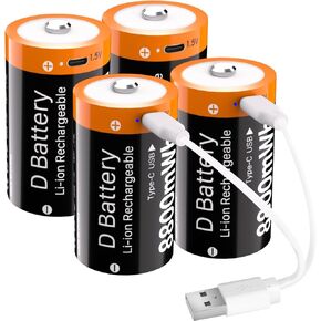 (8800mWh) 4 Pack Rechargeable D Batteries with 2 in 1 USB-C Cable, 2025 Upgrade High Capacity Lithium D Cell Battery Replacement for Floodlight, Electronic Toys etc