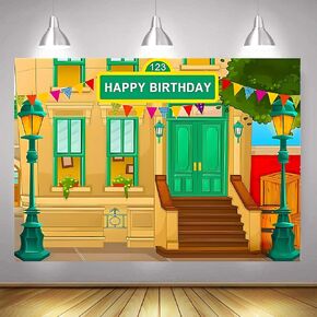 Photography Background Happy Birthday Cartoon Street Theme Brick Wall Children's Baby Party Baby Shower Decoration Banner Props Vinyl 5x3 ft
