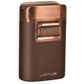 Lotus Brawn Table Cigar Lighter with Quad Wind-Resistant Torch Flames, All Metal Housing, Cigar Rest Cap, Extra Large Fuel Tank (Brown Crackle & Copper)