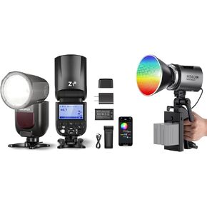 NEEWER MS60C RGBWW LED Video Light, 65W Metal Mini RGB COB Continuous Output Lighting Bowens Mount Handheld Spotlight 2700K-6500K,8300lux/1m, Z1-N Round Head Flash Speedlite for Nikon Included