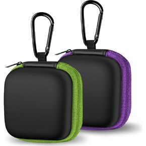 Earbuds Case with Carabiner, Square Storage Cases, Portable EVA Storage Earbud Pouch Bag for Earbuds, in-Ear Headphones, Earphones, Headsets, USB Charging Cables, 2 Pack, Green + Purple