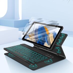 Juqitech Samsung Galaxy Tab A8 حالة لوحة مفاتيح خلفية وحامي شاشة 2 حزمة ، غلاف كتاب مغناطيسي ، لوحة مفاتيح لاسلكية قابلة للفصل للجهاز اللوحي A8 10.5 2022 كيكستاند ، حامل القلم.