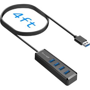SmartQ USB 3.0 Hub 4 Port – 4ft Long Cable USB Extension Hub, High-Speed Multi-Port Adapter for Laptop, PC, Mac, Xbox, PS5, Keyboard, Flash Drive