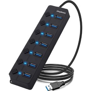 7-Port USB 3.0 Hub with Individual Power Switches and Lights, High-Speed Data Hub Splitter Portable USB Extension Hub with 120 cm Cable for PC Laptop and Others