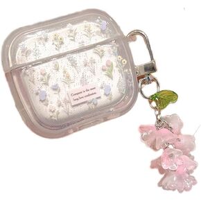 for AirPods 4th Generation Headset Case,Cute Flower Pattern Design Clear Protective Shockproof Cover with Floral Pendant for Air Pod 4