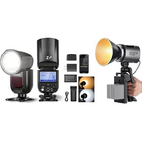 NEEWER MS60B LED Video Light, 65W Metal Mini Compact COB Continuous Output Lighting Spotlight 2700K-6500K, 40000lux/1m, CRI 97+/TLCI 98+, 12 Effects, Z1-N Round Head Flash Speedlite for Nikon Included