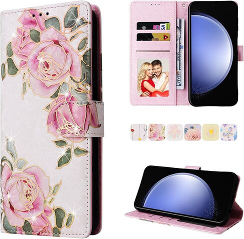 حالة محفظة UEEBAI لـ Samsung Galaxy S23 Fe 5G ، PU Leather Phone Case Kickstand RFID Flocking Case Card Slots Strap Strap Relief Pattern Magnetic Folio Case - White Rose in Saudi Arabia
