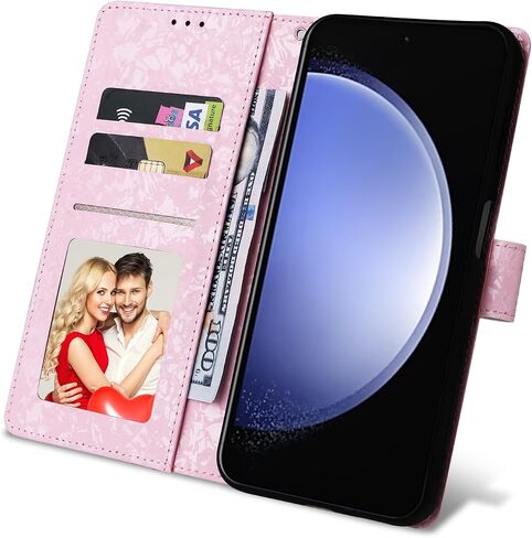 UEEBAI Wallet Case for Samsung Galaxy S23 FE 5G, PU Leather Phone Case Kickstand RFID Blocking Flip Case Card Slots Wrist Strap Relief Engraved Pattern Magnetic Closure Folio Case - White Rose in Saudi Arabia