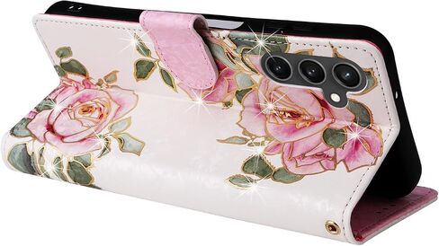 حالة محفظة UEEBAI لـ Samsung Galaxy S23 Fe 5G ، PU Leather Phone Case Kickstand RFID Flocking Case Card Slots Strap Strap Relief Pattern Magnetic Folio Case - White Rose in Saudi Arabia