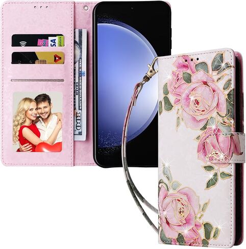 حالة محفظة UEEBAI لـ Samsung Galaxy S23 Fe 5G ، PU Leather Phone Case Kickstand RFID Flocking Case Card Slots Strap Strap Relief Pattern Magnetic Folio Case - White Rose in Saudi Arabia