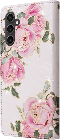 حالة محفظة UEEBAI لـ Samsung Galaxy S23 Fe 5G ، PU Leather Phone Case Kickstand RFID Flocking Case Card Slots Strap Strap Relief Pattern Magnetic Folio Case - White Rose in Saudi Arabia
