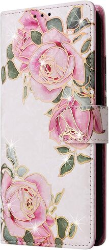 حالة محفظة UEEBAI لـ Samsung Galaxy S23 Fe 5G ، PU Leather Phone Case Kickstand RFID Flocking Case Card Slots Strap Strap Relief Pattern Magnetic Folio Case - White Rose in Saudi Arabia