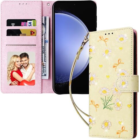 UEEBAI Wallet Case for Samsung Galaxy S23 FE 5G, PU Leather Phone Case Kickstand RFID Blocking Flip Case Card Slots Wrist Strap Relief Engraved Pattern Magnetic Closure Folio Case - White Rose in Saudi Arabia
