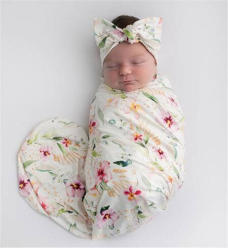 giggle angel Baby Receiving Blanket Swaddle Blanket Infant Wrap Pink Floral Pattern with Matching Bowtie (White) in Kuwait