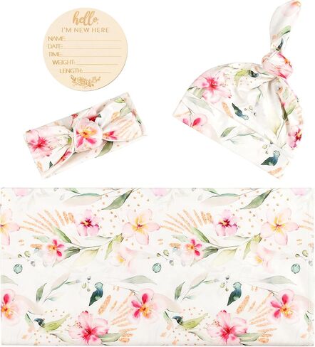 giggle angel Baby Receiving Blanket Swaddle Blanket Infant Wrap Pink Floral Pattern with Matching Bowtie (White) in Kuwait