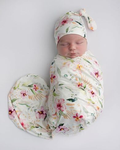 giggle angel Baby Receiving Blanket Swaddle Blanket Infant Wrap Pink Floral Pattern with Matching Bowtie (White) in Kuwait