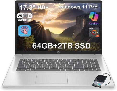 HP 17 Laptop, 17.3" HD+ Touchscreen Display, 64GB RAM, 2TB SSD, 17.3 inch Laptop Computer for Business & Student, AMD Ryzen 5 7430U, Copilot AI, HDMI, Wi-Fi 6, Windows 11 Pro, External DVD Drive in Saudi Arabia