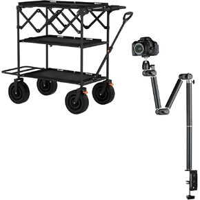 TARION Desk Camera Mount Stand Heavy Duty Articulated Camera Arm Articulating Table Mount + TARION Video Production Camera Cart: Foldable Cart for Photographer Quick Release with 360° Swivel Wheels