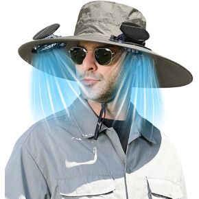 Wide Brim Bucket Hat with 2 Solar Fans Solar & USB Powered Outdoor Fishing Cooling Fan Hats UPF 50+ Sun Protection