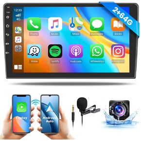Fuluku【2+64GB】 Android 13 Double Din Car Stereo Wireless Carplay Android Auto, 10 inch Android Radio 1080P Touchscreen Radio GPS Navi WiFi Bluetooth SWC Mic AHD Backup Camera