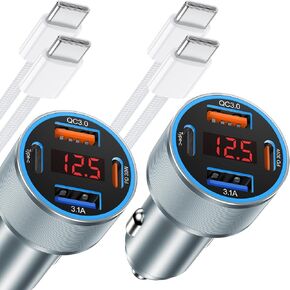 iPhone Car Charger, 2Pack 65W 4 Port USB C Fast Car Charger with Voltmeter,Fast Charging Cigarette Lighter iPhone Car Charger Adapter with 2 Pack USB C Cable for iPhone 16/16 Pro/15/15 Pro Max/iPad