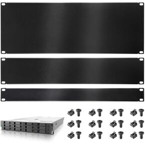 3-Piece Server Rack Mount Filler Panel Set, Includes 1U, 2U, 4U, Black Metal Spacer Panels for 19-Inch Network Racks, Cold-Rolled Steel Material, Easy to Install
