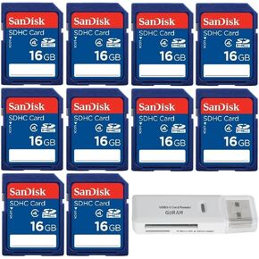 SanDisk 16GB (10 Pack) SDHC Class 4 Flash Memory Card SDSDB-016G Bundle with (1) GoRAM Card Reader