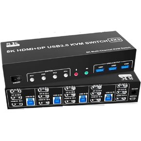 8K@60Hz 2 Displayport +HDMI USB3.0 KVM Switch 3 Monitors 4 Computers, 2 DP 1.4 +HDMI 2.1 Triple Monitor KVM Switch for Keyboard(with AU Plug)
