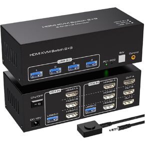 8K 60Hz Triple HDMI USB 3.0 KVM Switch 3 Monitors 2 Computers 4K 120Hz 2x3 Triple Monitor KVM Keyboard Mouse Switcher(US Power Plug)