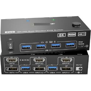 HDMI + DisplayPort KVM Switch 2 مراقب 2 كمبيوتر 8K@60Hz 4K@144Hz ، Switch Monitor KVM مع 4 منفذ USB 3.0 ، جهاز التحكم عن بعد السلكي (NA-8202DH ، الولايات المتحدة)