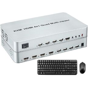 KVM HDMI 4x1 Quad Multi-viewer Seamless Switch Screen Segmentation Switcher USB Keyboard Mouse Control,Laptop Notebook PC to TV(4K60 4x1 KVM,EU Plug)