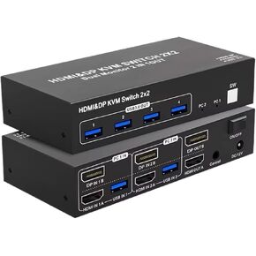 HDMI 2.0 KVM Switch 2X2 HDMI DisplayPort Switcher USB 3.0 Extended Display 4K 60HZ Dual Monitor 2 in 2 Out for Computer(HDMI DP 2X2,USA Power)