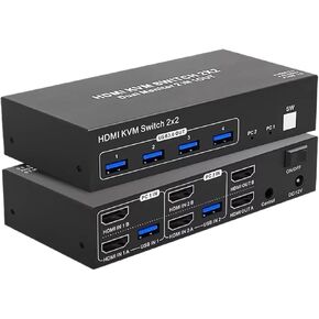 KVM Switch 2X2 Dual Monitor HDMI+DisplayPort USB 3.0 KVM Switcher HDMI 2.0 4K 60HZ Extended Display 2 in 2 Out for PC Computer(HDMI DP 2X2,AU Power)