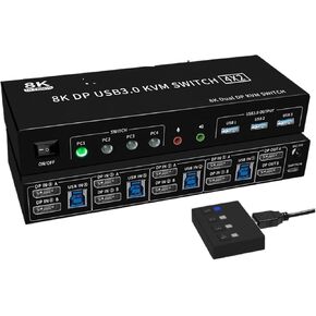 8K DP KVM USB 3.0 Switch 4X2 Dual Monitor 4K 144Hz Extended Display Displayport Switch 4 in 2 Out for 4 PC Share Keyboard Mouse(US Power Plug)