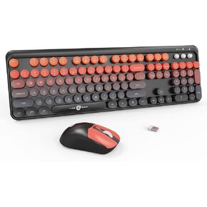 FD Wireless Keyboard and Mouse Combo - 2.4G Full-Sized Cute Colorful Mouse and Keyboard with 104 Round Keys Retro Typewriter Keyboard for Laptop/Windows/PC - Black Orange