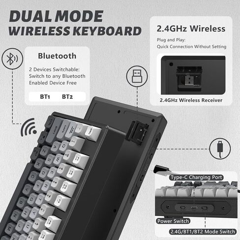 Ziyou Lang M87 75 ٪ اللوحة اللاسلكية لوحة المفاتيح Mechanical Feel Silent Rainbow Lacklit Bluetooth/2.4 جيجا هرتز PBT Keycaps قابلة لإعادة الشحن 4000MAH بطارية مريحة ل MAC/WIN/PC-MOON in Kuwait