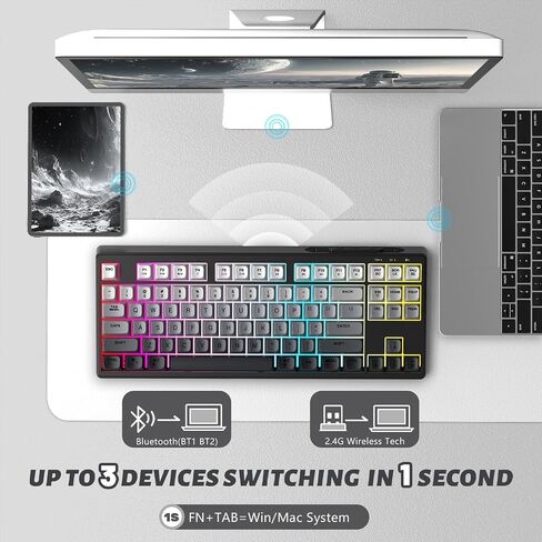Ziyou Lang M87 75 ٪ اللوحة اللاسلكية لوحة المفاتيح Mechanical Feel Silent Rainbow Lacklit Bluetooth/2.4 جيجا هرتز PBT Keycaps قابلة لإعادة الشحن 4000MAH بطارية مريحة ل MAC/WIN/PC-MOON in Kuwait