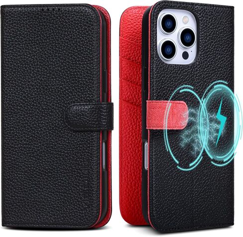 محفظة CASE VERILS لـ iPhone 16 PRO MAX ، فتحات بطاقة CASE المحفظة المصنوعة من الحصى الأصلية ، غطاء الهاتف المغناطيسي المتوافق مع iPhone 16 Pro MAX-6.9 "(Black+Red) in Kuwait