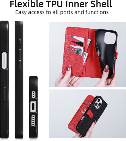 محفظة CASE VERILS لـ iPhone 16 PRO MAX ، فتحات بطاقة CASE المحفظة المصنوعة من الحصى الأصلية ، غطاء الهاتف المغناطيسي المتوافق مع iPhone 16 Pro MAX-6.9 "(Black+Red) in Kuwait