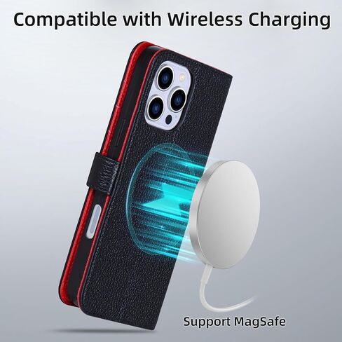 محفظة CASE VERILS لـ iPhone 16 PRO MAX ، فتحات بطاقة CASE المحفظة المصنوعة من الحصى الأصلية ، غطاء الهاتف المغناطيسي المتوافق مع iPhone 16 Pro MAX-6.9 "(Black+Red) in Kuwait