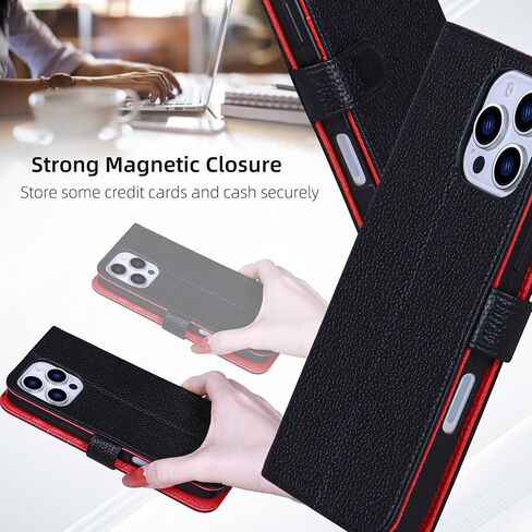 محفظة CASE VERILS لـ iPhone 16 PRO MAX ، فتحات بطاقة CASE المحفظة المصنوعة من الحصى الأصلية ، غطاء الهاتف المغناطيسي المتوافق مع iPhone 16 Pro MAX-6.9 "(Black+Red) in Kuwait