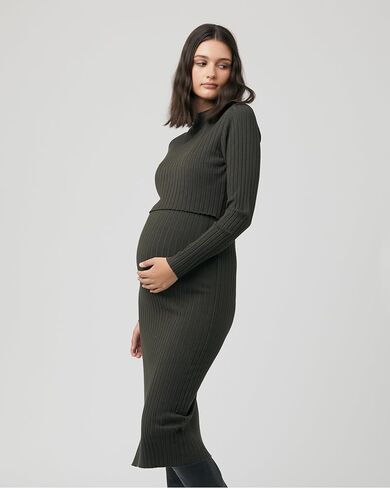 Ripe Women's Maternity Nella Rib Nursing Knit Midi Dress Ivy Medium in Kuwait