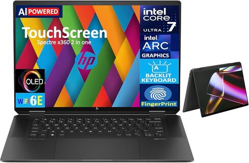 HP Specter X360 AI محمول يعمل 2-in-1 المحمول 16.0 "شاشة تعمل باللمس OLED 2.8K (Intel Ultra 7-155H ، 32GB LPDDR5X ، 512GB SSD ، Backlit KB ، بصمة ، 2 Thunderbolt 4 ، WIFI 6E ، Win 11 Home) in Kuwait
